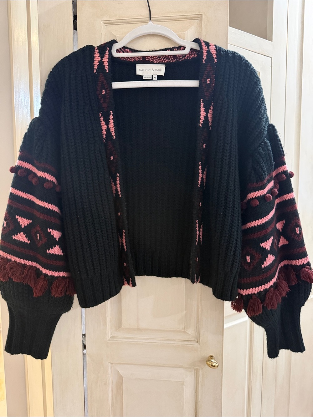 Sachin + Babi Black Cardigan with Pink and Burgundy Sleeve Detail